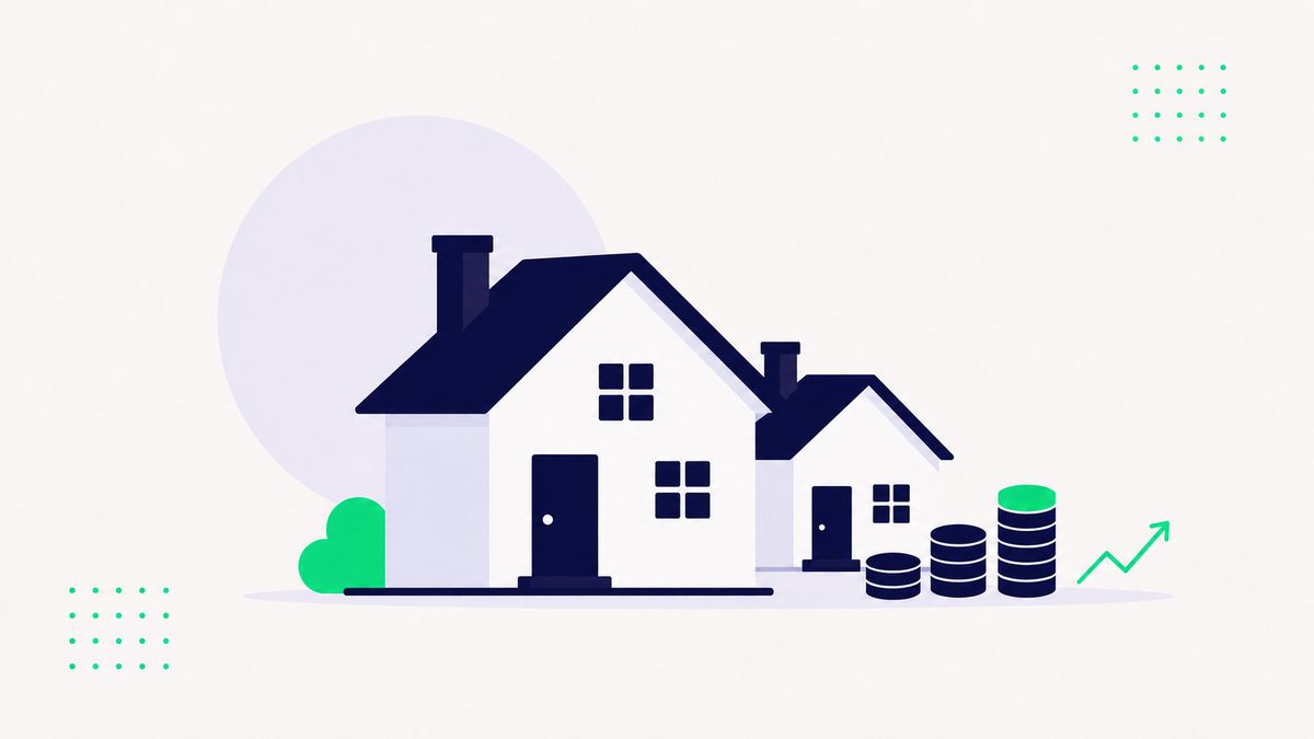 Illustration of a row of houses with an upward trend line representing buy-to-let rental returns