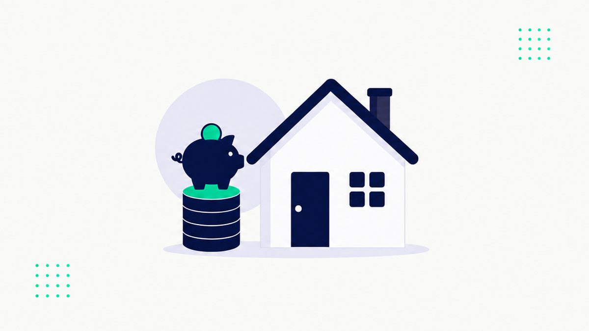 Illustration of a piggy bank on a stack of coins beside a house representing saving a mortgage deposit